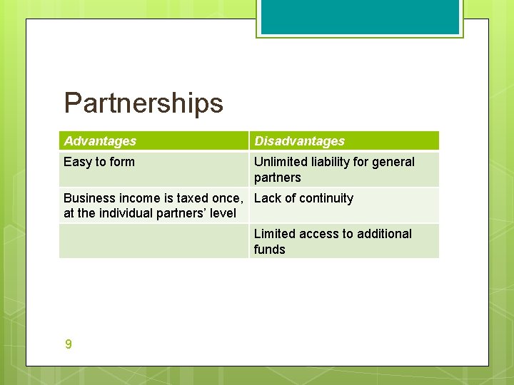 Partnerships Advantages Disadvantages Easy to form Unlimited liability for general partners Business income is