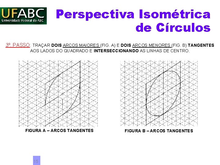 Perspectiva Isométrica de Círculos 3º. PASSO: TRAÇAR DOIS ARCOS MAIORES (FIG. A) E DOIS Perspectiva Isométrica de Círculos 3º. PASSO: TRAÇAR DOIS ARCOS MAIORES (FIG. A) E DOIS