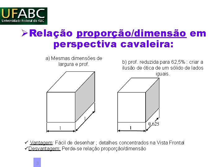 ØRelação proporção/dimensão em perspectiva cavaleira: a) Mesmas dimensões de largura e prof. b) prof. ØRelação proporção/dimensão em perspectiva cavaleira: a) Mesmas dimensões de largura e prof. b) prof.