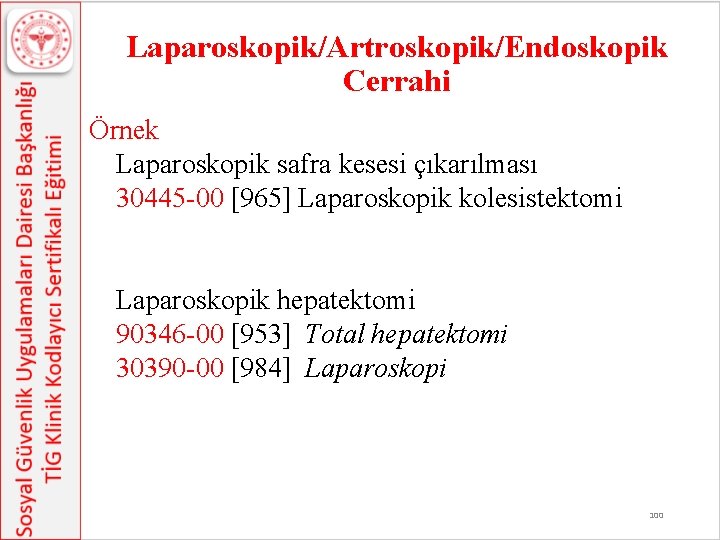 Laparoskopik/Artroskopik/Endoskopik Cerrahi Örnek Laparoskopik safra kesesi çıkarılması 30445 -00 [965] Laparoskopik kolesistektomi Laparoskopik hepatektomi