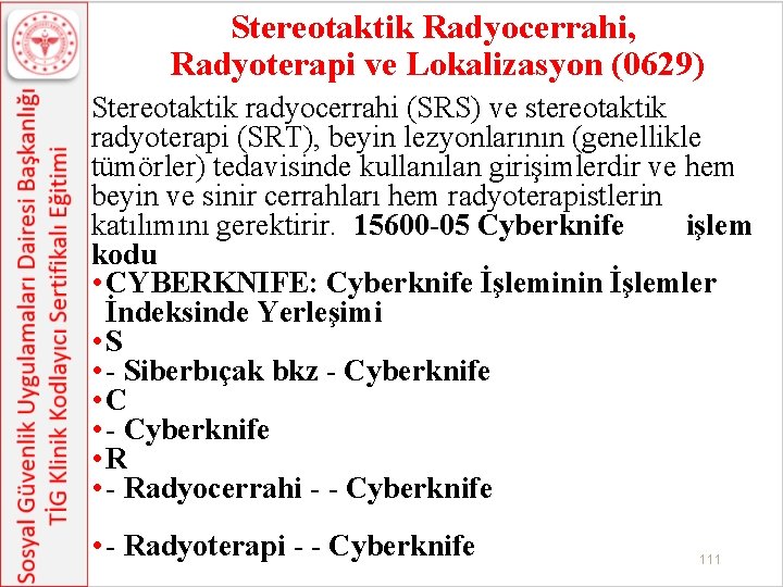 Stereotaktik Radyocerrahi, Radyoterapi ve Lokalizasyon (0629) Stereotaktik radyocerrahi (SRS) ve stereotaktik radyoterapi (SRT), beyin