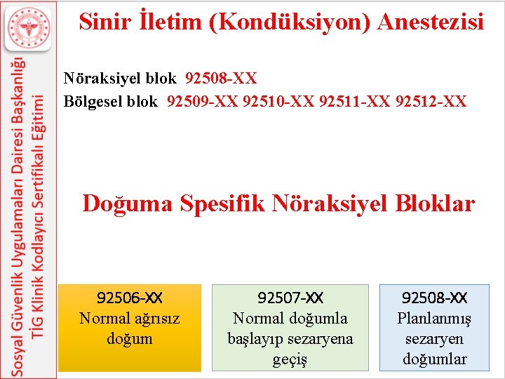 Sinir İletim (Kondüksiyon) Anestezisi Nöraksiyel blok 92508 -XX Bölgesel blok 92509 -XX 92510 -XX