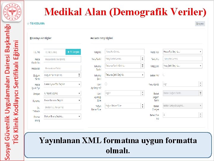 Medikal Alan (Demografik Veriler) Yayınlanan XML formatına uygun formatta olmalı. 146 