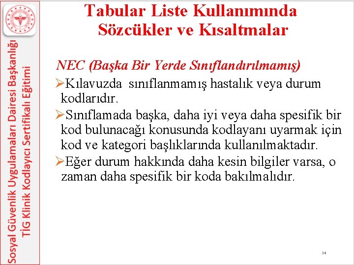 Tabular Liste Kullanımında Sözcükler ve Kısaltmalar NEC (Başka Bir Yerde Sınıflandırılmamış) ØKılavuzda sınıflanmamış hastalık