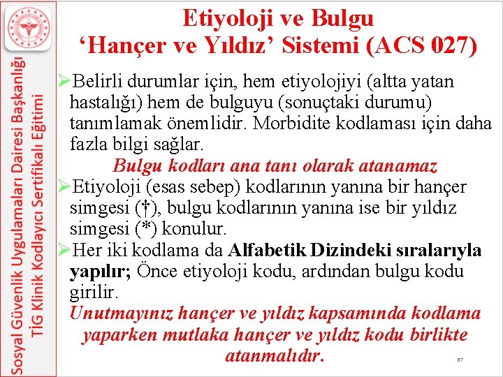 Etiyoloji ve Bulgu ‘Hançer ve Yıldız’ Sistemi (ACS 027) ØBelirli durumlar için, hem etiyolojiyi