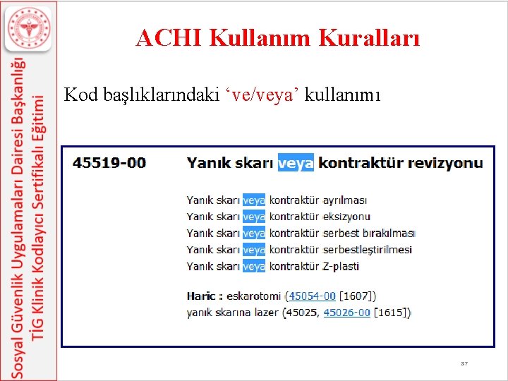 ACHI Kullanım Kuralları Kod başlıklarındaki ‘ve/veya’ kullanımı 87 