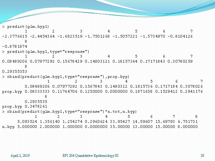 > predict(glm. hyp 1) 1 2 3 4 5 6 7 -2. 3776615 -2.