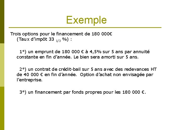 Exemple Trois options pour le financement de 180 000€ (Taux d’impôt 33 1/3 %)