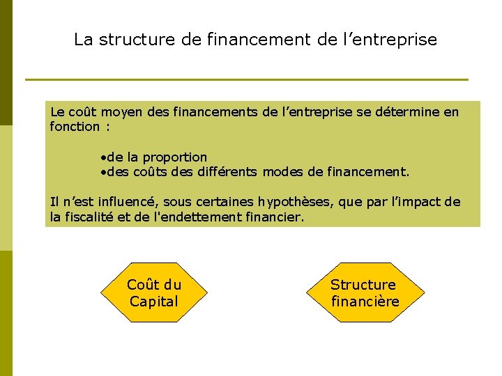 La structure de financement de l’entreprise Le coût moyen des financements de l’entreprise se