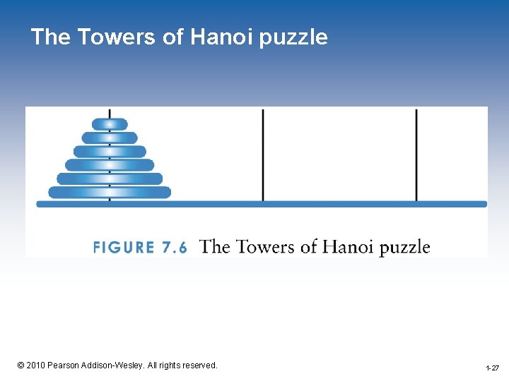 The Towers of Hanoi puzzle 1 -27 © 2010 Pearson Addison-Wesley. All rights reserved.