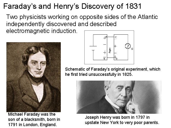 Faraday’s and Henry’s Discovery of 1831 Two physicists working on opposite sides of the