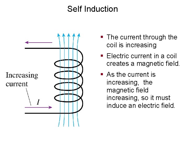 Self Induction § The current through the coil is increasing § Electric current in