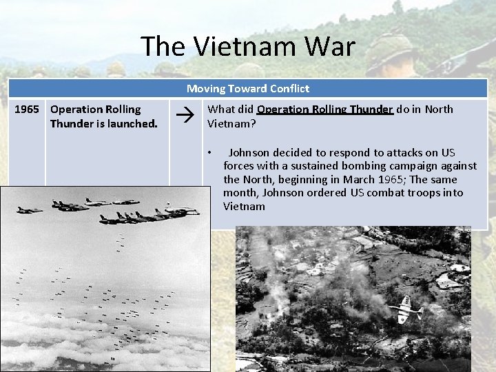 The Vietnam War Moving Toward Conflict 1965 Operation Rolling Thunder is launched. What did