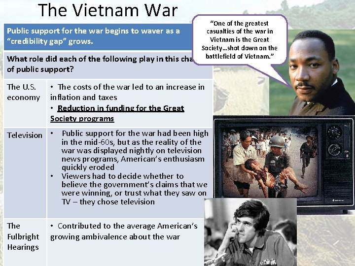 The Vietnam War “One of the greatest Public support for the war begins to