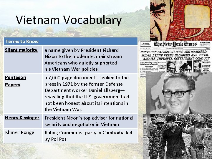 Vietnam Vocabulary Terms to Know Silent majority a name given by President Richard Nixon