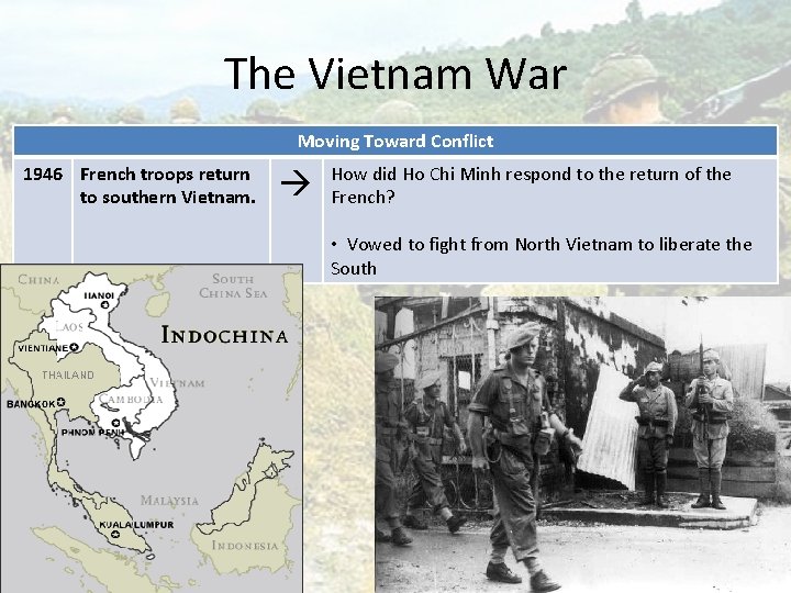 The Vietnam War Moving Toward Conflict 1946 French troops return to southern Vietnam. How