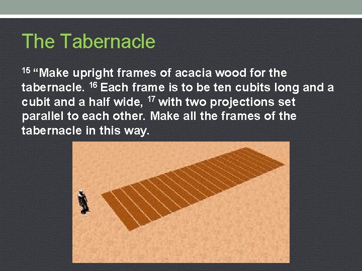 The Tabernacle 15 “Make upright frames of acacia wood for the tabernacle. 16 Each