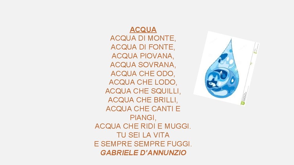 ACQUA DI MONTE, ACQUA DI FONTE, ACQUA PIOVANA, ACQUA SOVRANA, ACQUA CHE ODO, ACQUA