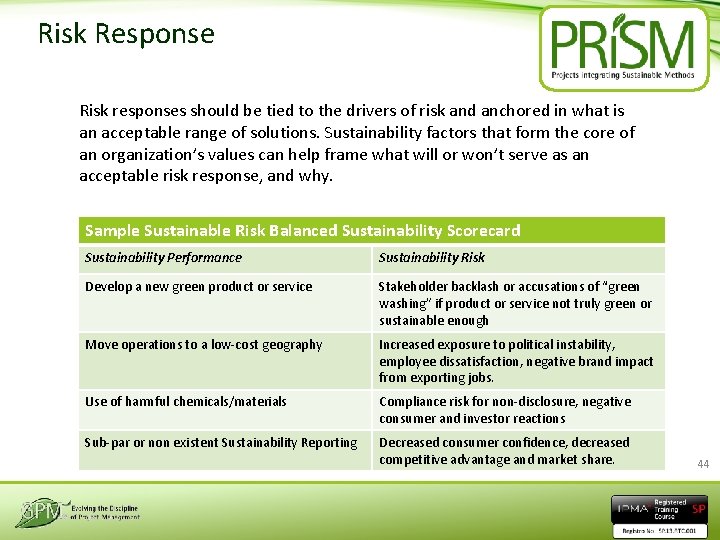 Risk Response Risk responses should be tied to the drivers of risk and anchored