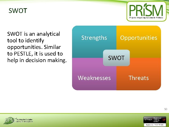 SWOT is an analytical tool to identify opportunities. Similar to PESTLE, it is used