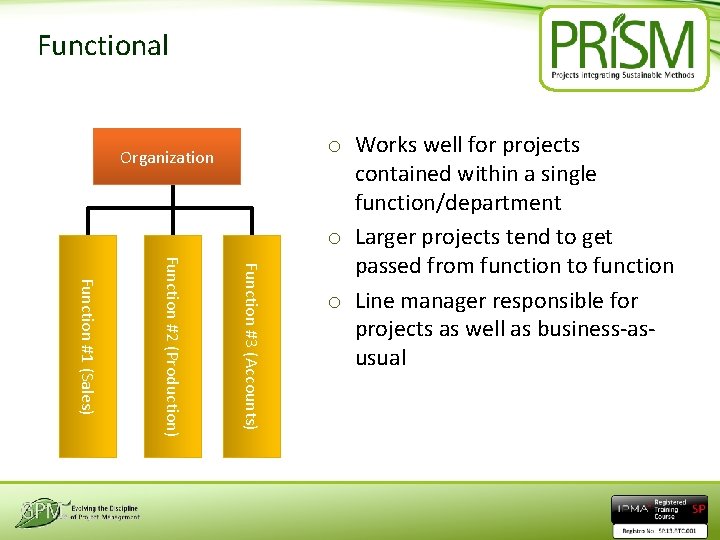 Functional Organization Function #3 (Accounts) Function #2 (Production) Function #1 (Sales) o Works well