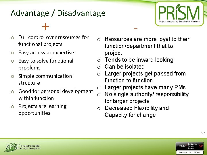 Advantage / Disadvantage + o Full control over resources for functional projects o Easy