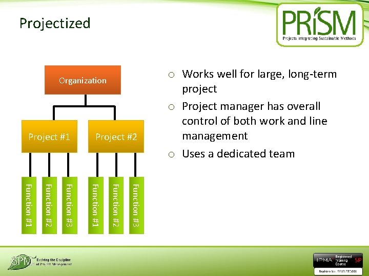 Projectized Organization Project #1 Project #2 o Works well for large, long-term project o
