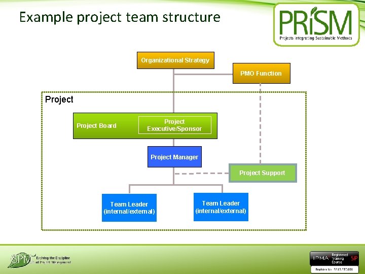 Example project team structure Organizational Strategy PMO Function Project Board Project Executive/Sponsor Project Manager