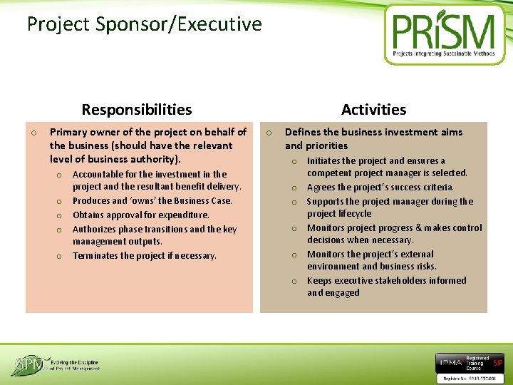 Project Sponsor/Executive Responsibilities o Primary owner of the project on behalf of the business