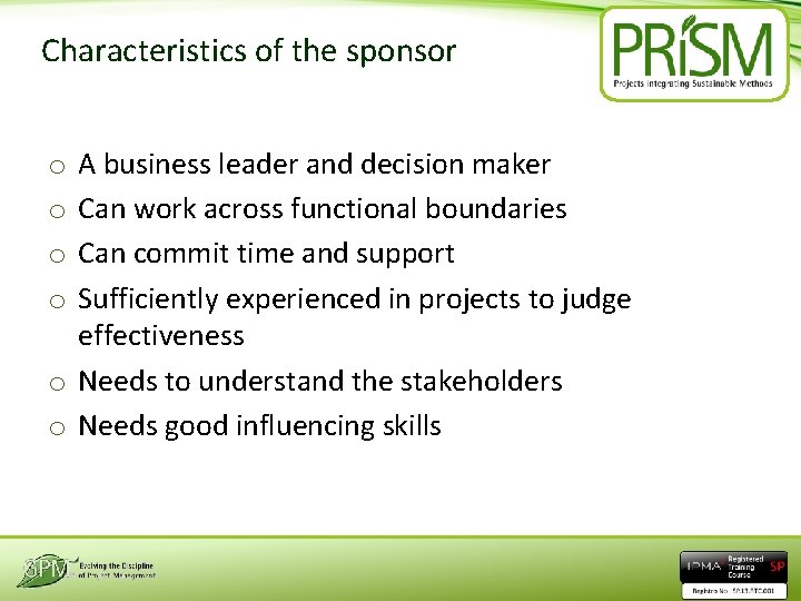 Characteristics of the sponsor A business leader and decision maker Can work across functional