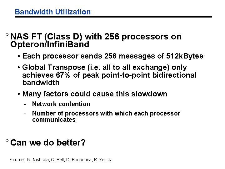 Bandwidth Utilization ° NAS FT (Class D) with 256 processors on Opteron/Infini. Band • Bandwidth Utilization ° NAS FT (Class D) with 256 processors on Opteron/Infini. Band •