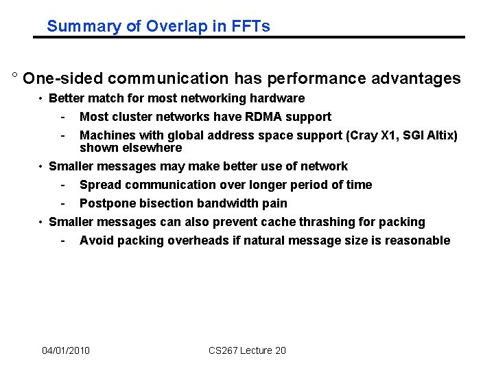 Summary of Overlap in FFTs ° One-sided communication has performance advantages • Better match Summary of Overlap in FFTs ° One-sided communication has performance advantages • Better match