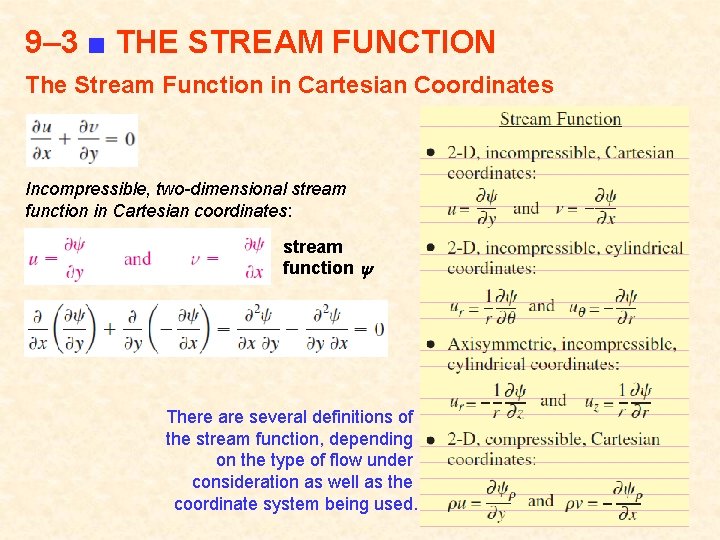 9– 3 ■ THE STREAM FUNCTION The Stream Function in Cartesian Coordinates Incompressible, two-dimensional