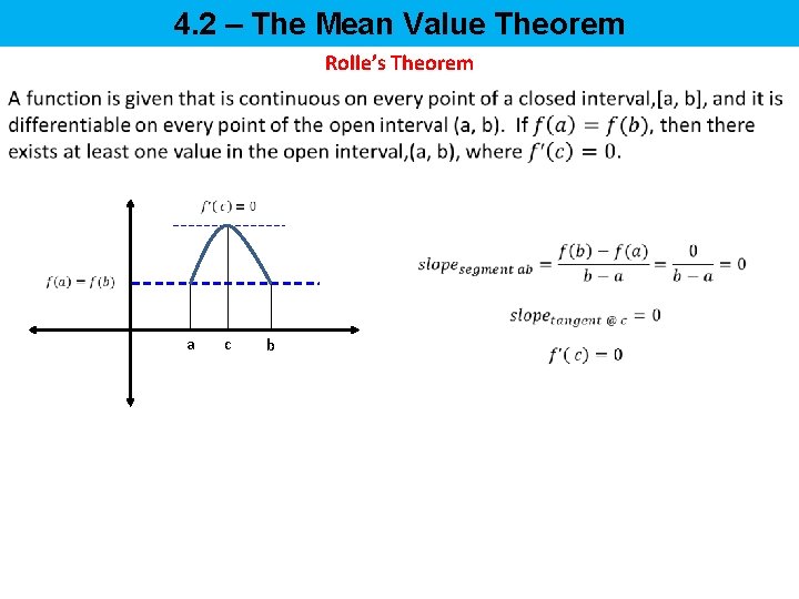 4. 2 – The Mean Value Theorem Rolle’s Theorem a c b 