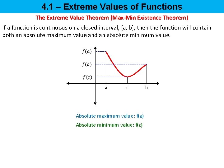 4. 1 – Extreme Values of Functions The Extreme Value Theorem (Max-Min Existence Theorem)