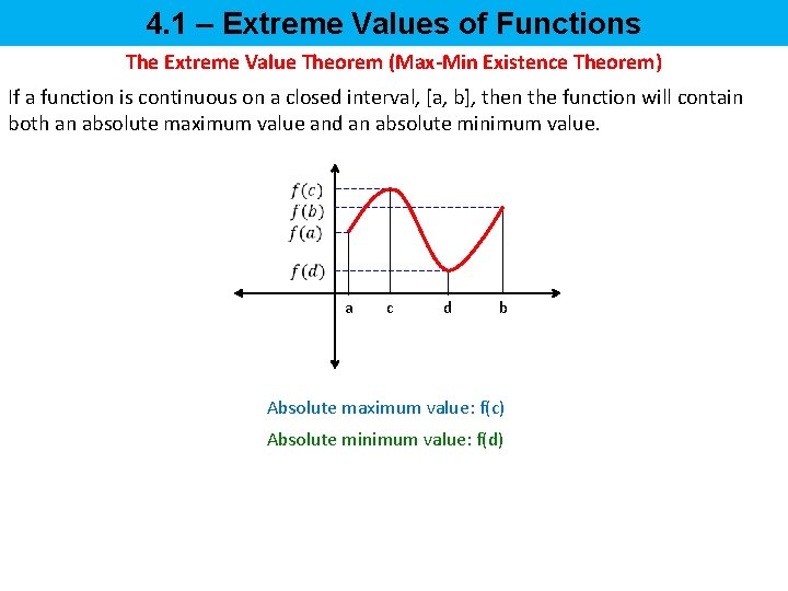 4. 1 – Extreme Values of Functions The Extreme Value Theorem (Max-Min Existence Theorem)