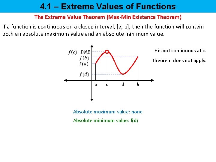 4. 1 – Extreme Values of Functions The Extreme Value Theorem (Max-Min Existence Theorem)