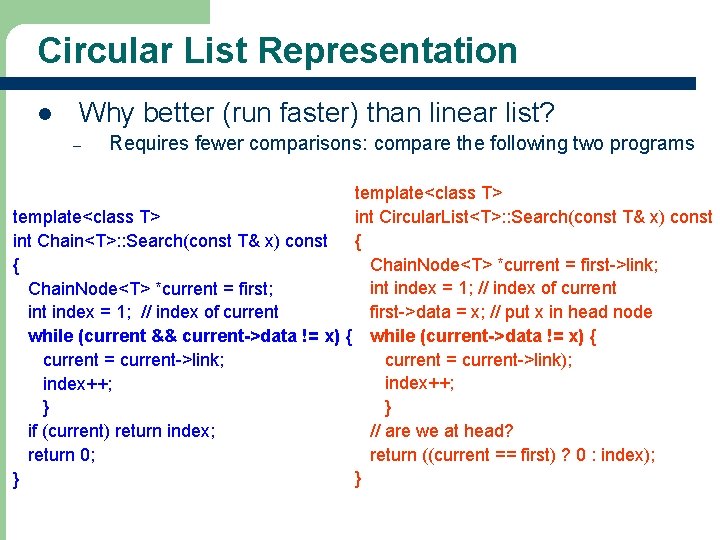 Circular List Representation l Why better (run faster) than linear list? – Requires fewer