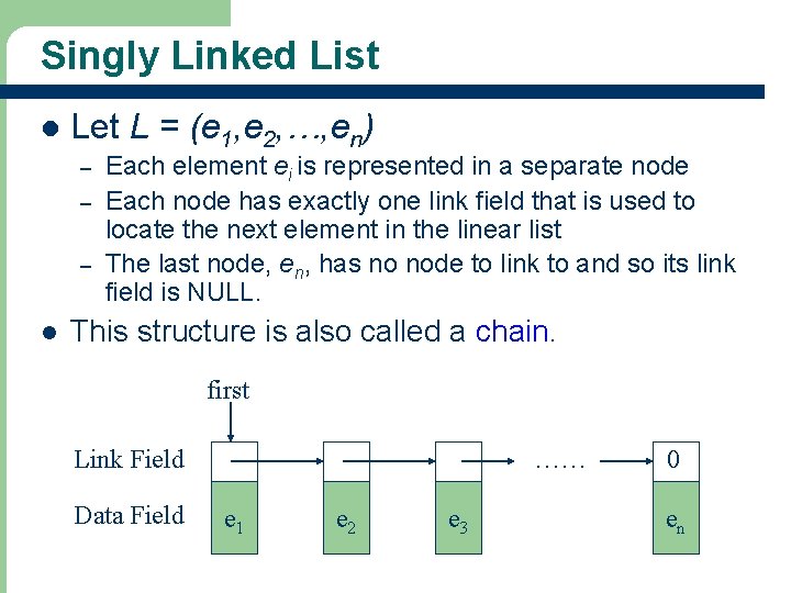 Singly Linked List l Let L = (e 1, e 2, …, en) –