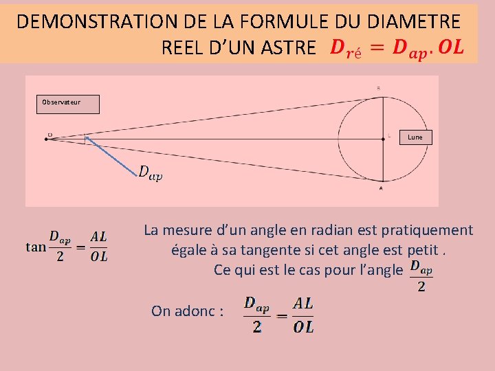 DEMONSTRATION DE LA FORMULE DU DIAMETRE REEL D’UN ASTRE Observateur Lune La mesure d’un