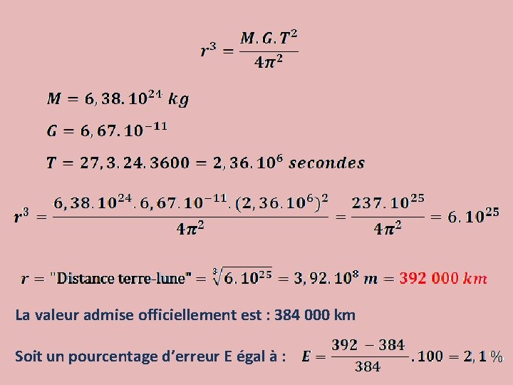 La valeur admise officiellement est : 384 000 km Soit un pourcentage d’erreur E