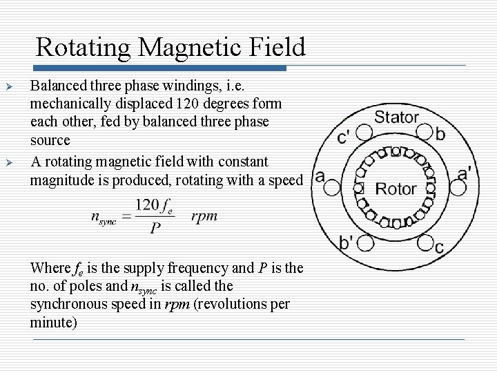 Rotating Magnetic Field Ø Ø Balanced three phase windings, i. e. mechanically displaced 120