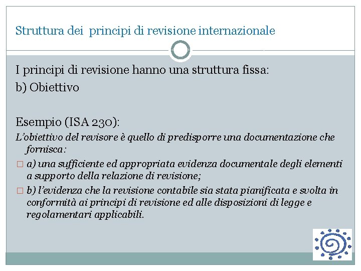 Struttura dei principi di revisione internazionale I principi di revisione hanno una struttura fissa: