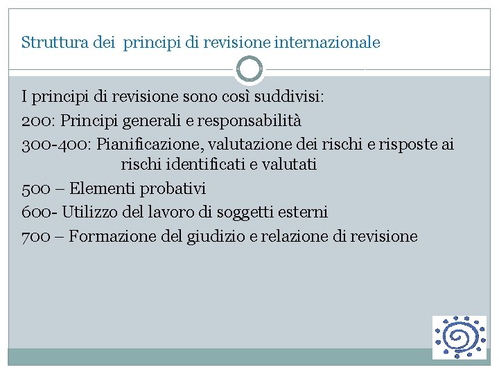 Struttura dei principi di revisione internazionale I principi di revisione sono così suddivisi: 200:
