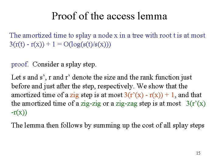 Proof of the access lemma The amortized time to splay a node x in