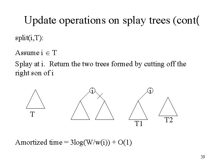 Update operations on splay trees (cont( split(i, T): Assume i T Splay at i.