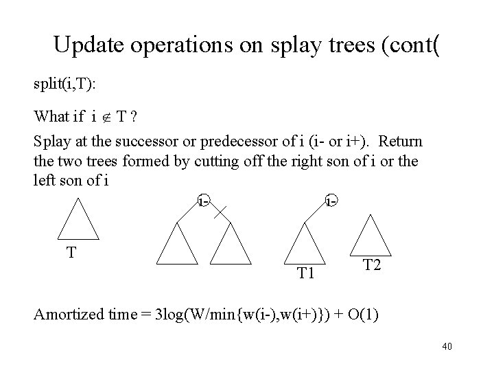 Update operations on splay trees (cont( split(i, T): What if i T ? Splay