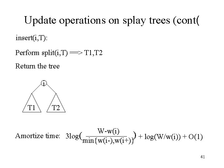 Update operations on splay trees (cont( insert(i, T): Perform split(i, T) ==> T 1,