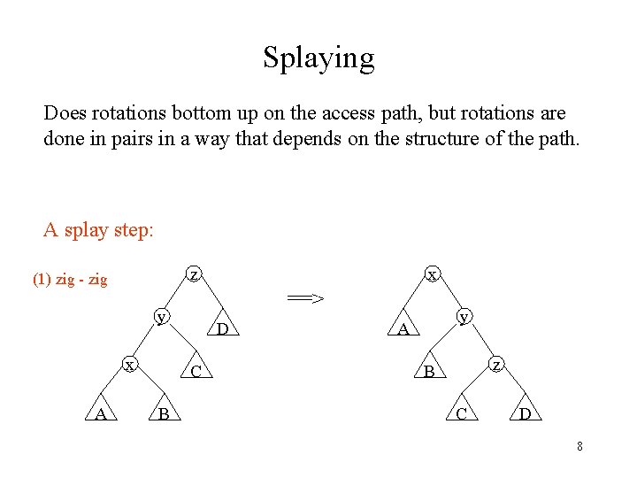 Splaying Does rotations bottom up on the access path, but rotations are done in