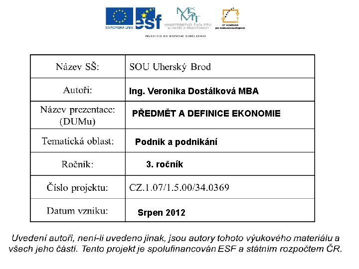 Ing. Veronika Dostálková MBA PŘEDMĚT A DEFINICE EKONOMIE Podnik a podnikání 3. ročník Srpen